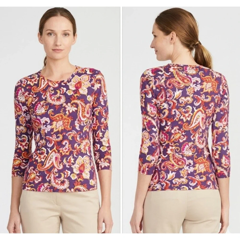 J. McLaughlin Medium Multi Color Floral Paisley Catalina Cloth 3/4 Sleeve Top‎